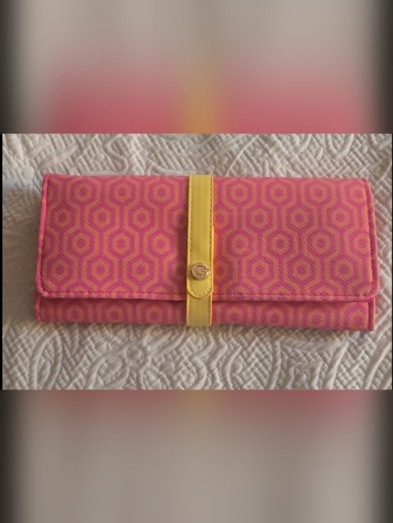 Bon Voyage Handbags - Pink Geometric Foldover Jewelry Travel Bag with Yellow Strap